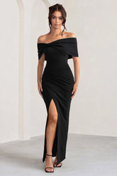 Eva Black Bardot Bow Detail Maxi Dress With Thigh Split