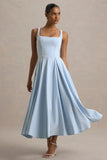 Parina Powder Blue Strappy Volume Hem Midi Dress
