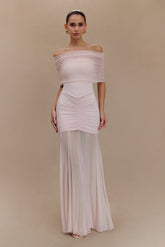 Caspian Slinky And Mesh Off Shoulder Maxi Dress Pale Pink