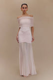 Caspian Slinky And Mesh Off Shoulder Maxi Dress Pale Pink
