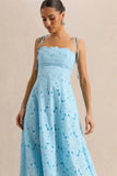 Anna Embroidered Powder Blue Square Neck Midi Dress