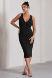Marlowe Black Ruched Plunge Sleeveless Midi Dress