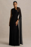 Selena Black High Neck Maxi Dress With Cut Out And Cape Sleeve Detail