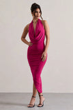 Hayley Hot Pink Cowl Neck Asymmetric Maxi Dress