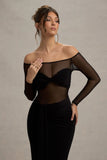Cover Star Black Mesh Bardot Long Sleeve Draped Maxi Dress