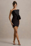 Olivette Black Ruffled Mini Dress With Corsage Detail