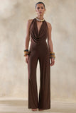 Clemence Brown Plunge Neck Jumpsuit