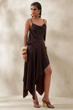 Helira Brown Asymmetric Midi Dress With Draping Detailing and Open Back