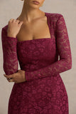 Bijou Burgundy Square Neck Lace Long Sleeve Mini Dress
