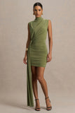 Sorenna Olive High Neck Mini Dress With Wrap And Sash Detail
