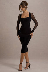Off Track Black Bodycon Midi Dress With Sheer Sleeves