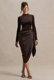 Sasha Brown Satin And Velvet Midi Dress With Wrap Detail