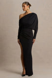 Olivia Black Asymmetric Neck Maxi Dress With Ruched Detailing And Asymmetric Hem