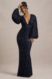 Kaelin Navy Sequin Plunge Neck Maxi Dress