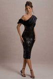 Volute Black Sequin One Shoulder Draped Midi Dress