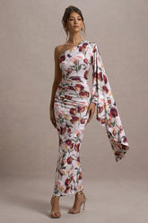 Clementina Cream Floral Print Asymmetric Cape Sleeve Maxi Dress