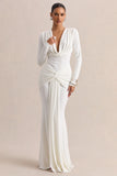 Palerma White Draped Cowl Neck Maxi Dress With Gathered Detailing