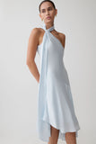 Evelina Halter Asymmetric Hem Midi Dress Ice Blue