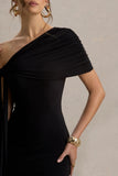 Praia Black Asymmetric Neck Maxi Dress With Sash and Draped Detailing