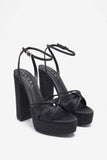 Crystal Cut Black Strappy Heeled Platform Sandals With Diamante Buckles