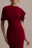 Dorothea Berry Draped Midi Dress With Cape