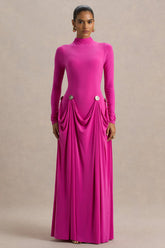 Caprice Hot Pink High Neck Maxi Dress With Embellished Details