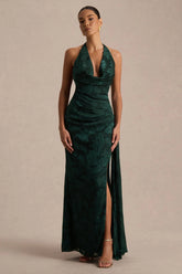 Talula Dark Green Extreme Cowl Neck Maxi Dress With Sash And Front High Split