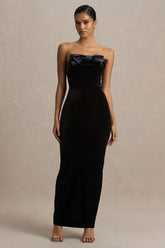 Illusion Black Velvet Bandeau Maxi Dress With Bow Detail