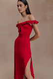 Allegra Off Shoulder Ruffle Midi Dress Ruby