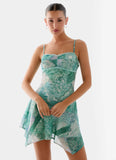 Marine Mist Asymmetric Hem Mini Dress Green Paisley