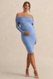 Patiently Waiting Powder Blue Maternity Ruched Mesh Bardot Midi Dress