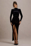 Jaz Black Velvet High Neck Gathered Split Maxi Dress