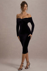 Compliment Black Velvet Bardot Midi Dress