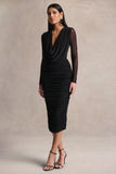 Griselda Black Plunge Neck Midi Dress With Sheer Long Sleeves