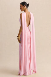 Premiere Light Pink Boat Neck Maxi Dress With Cape Sleeves And Open Back