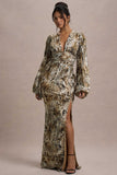 Casarile Snake Print V Neck Balloon Sleeve Maxi Dress