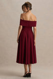 Isabella Burgundy Bardot Neck Midi Dress
