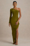 Astra Green One Shoulder Asymmetric Maxi Dress