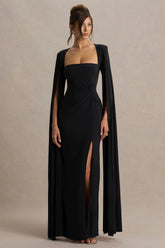 Claretta Black Square Neck Twisted Maxi Dress With Cape Sleeves