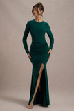 Leslie Bottle Green Long Sleeve Twisted Split Maxi Dress