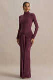 Myra Burgundy High Neck Maxi Dress With Sash and Ruched Detailing