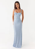 Akil Corset Maxi Dress Blue Mocha Dot