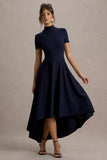Bellona Navy High Neck High Low Midi Dress