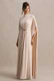 Olessia Champagne Belted Gathered Cape Sleeve Maxi Dress