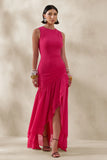 Noelia Hot Pink High Neck Maxi Dress With Ruffled Detailing