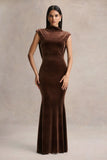 Malora Brown Velvet High Neck Maxi Dress With Open Back