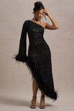 Shadow Black Sequin One Shoulder Feather Trim Maxi Dress