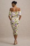 Rayleigh Tulip Floral Print Bardot Ruched Midi Dress