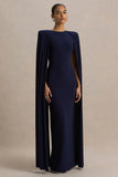 Mimi Navy High Neck Maxi Dress With Cape Sleeve Detail