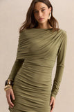 Anavine Olive Round Neck Mini Dress With Long Sleeves And Draped Detailing